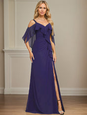 Sheath/Column Cold Shoulder V-Neck Floor-Length Chiffon Dress With Cascading Ruffles Sequins Beading