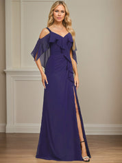 Sheath/Column Cold Shoulder V-Neck Floor-Length Chiffon Dress With Cascading Ruffles Sequins Beading