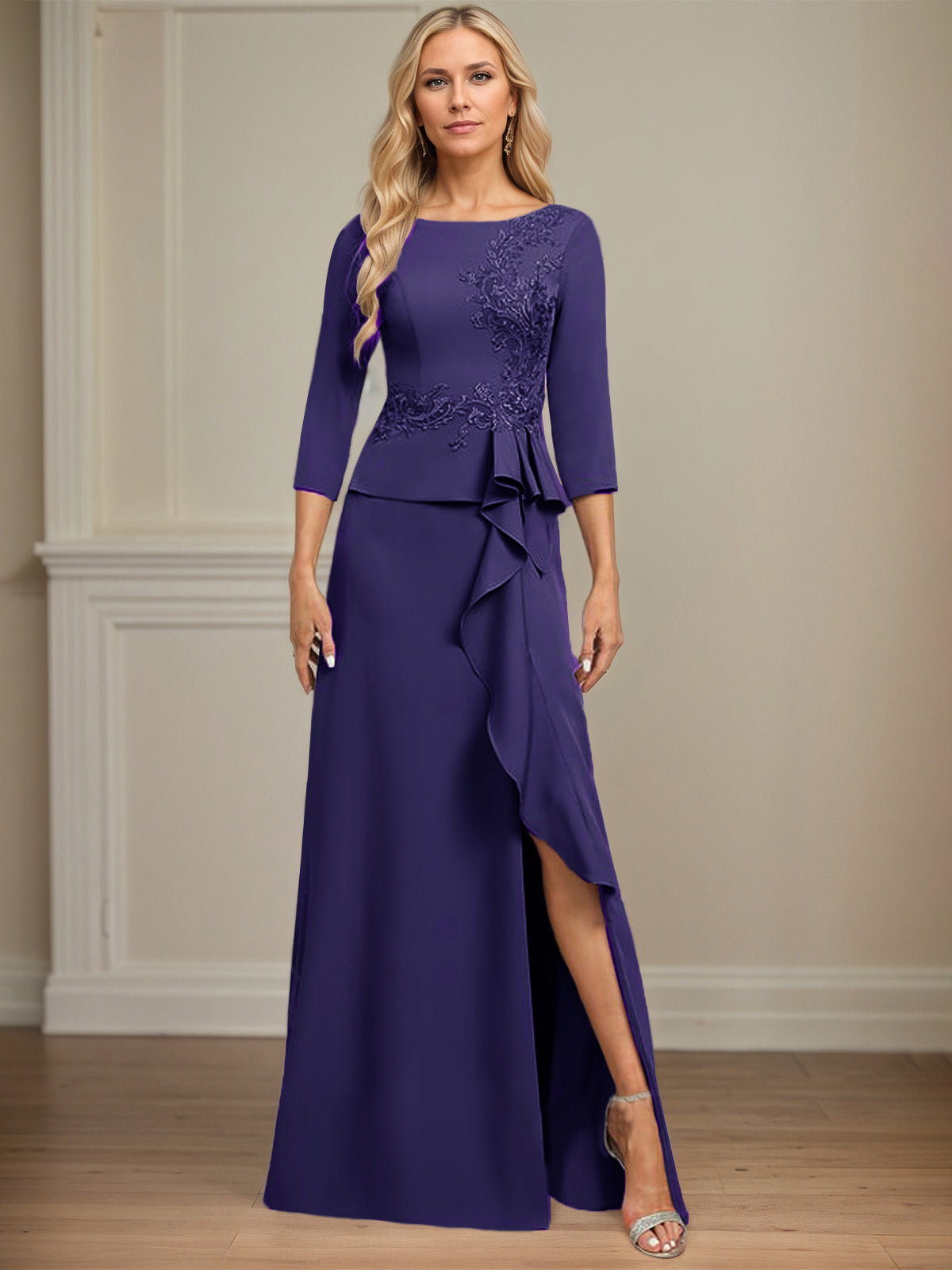 Column Scoop Floor-Length Stretch Crepe Dress With Cascading Ruffles Appliques