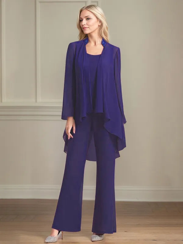 Chiffon Scoop Neck Long Sleeves Floor Length Mother Of The Bride Pantsuits
