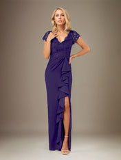 Sheath/Column V Neck Short Sleeve Floor Length Chiffon Dress With Cascading Ruffles