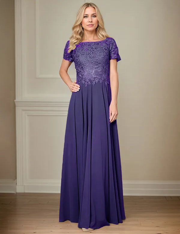 A Line Chiffon Boat Neck Short Sleeves Floor Length Pleated Mother of the Bride Dresses