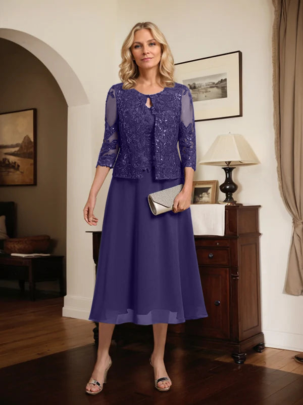 A-line Scoop Tea-Length Lace Chiffon Mother of the Bride Dress With Sequins