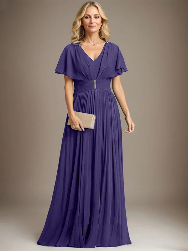 A-line V-Neck Floor-Length Chiffon Mother of the Bride Dress With Crystal Brooch Pleated