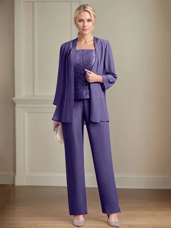 Chiffon Square Neck Sleeveless Floor Length Mother of the Bride Pantsuits