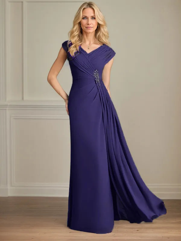Column Chiffon V Neck Sleeveless Floor Length Mother of the Bride Dresses