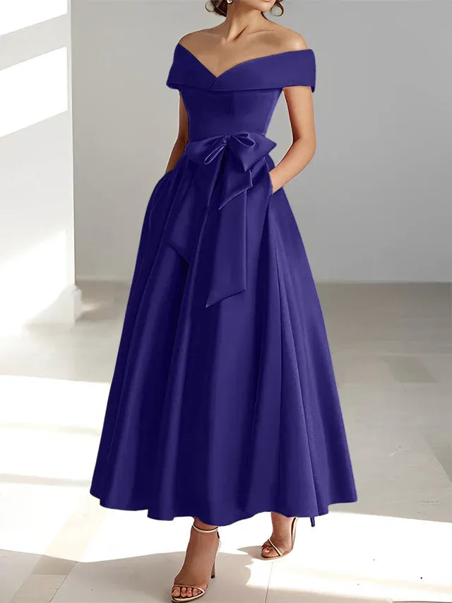 Princess Off-the-Shoulder Sleeveless Ankle-Length Mother of the Bride Dresses with Pockets