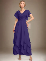 A-line V-Neck Ankle-Length Lace Chiffon Mother of the Bride Dress With Cascading Ruffles