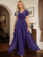 Jumpsuit/Pantsuit V-Neck Floor-Length Chiffon Evening Dress