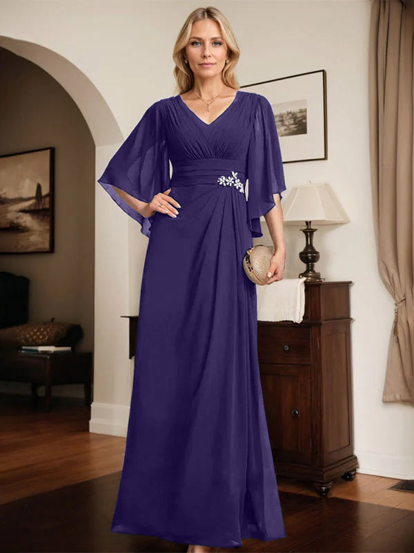 Column V-Neck Floor-Length Chiffon Mother of the Bride Dress With Pleated Sequins Beading