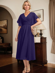 A-line V-Neck Tea-Length Chiffon Mother of the Bride Dress With Pleated Beading
