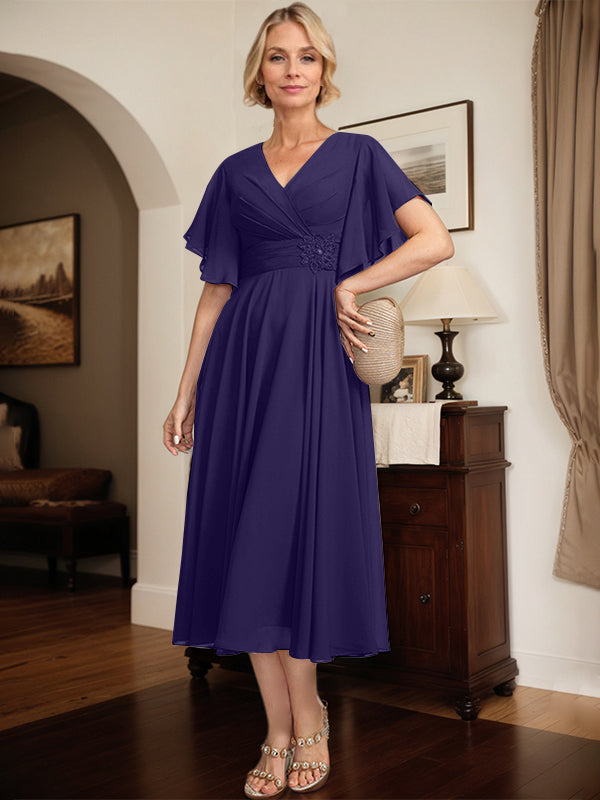 A-line V-Neck Tea-Length Chiffon Mother of the Bride Dress With Pleated Beading