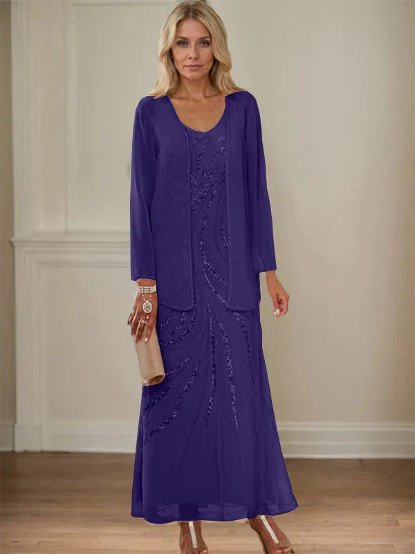 Robe de mère de la mariée fourreau/colonne, col en V, longueur cheville, avec veste et paillettes 