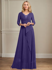 A-line V-Neck Floor-Length Chiffon Mother of the Bride Dress With Pleated Beading