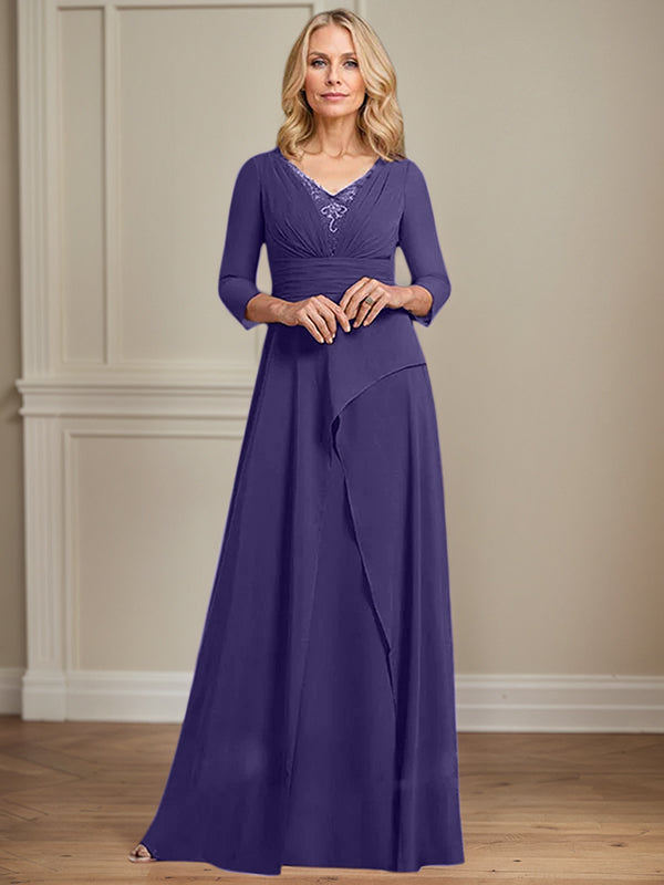 A-line V-Neck Floor-Length Chiffon Mother of the Bride Dress With Pleated Beading
