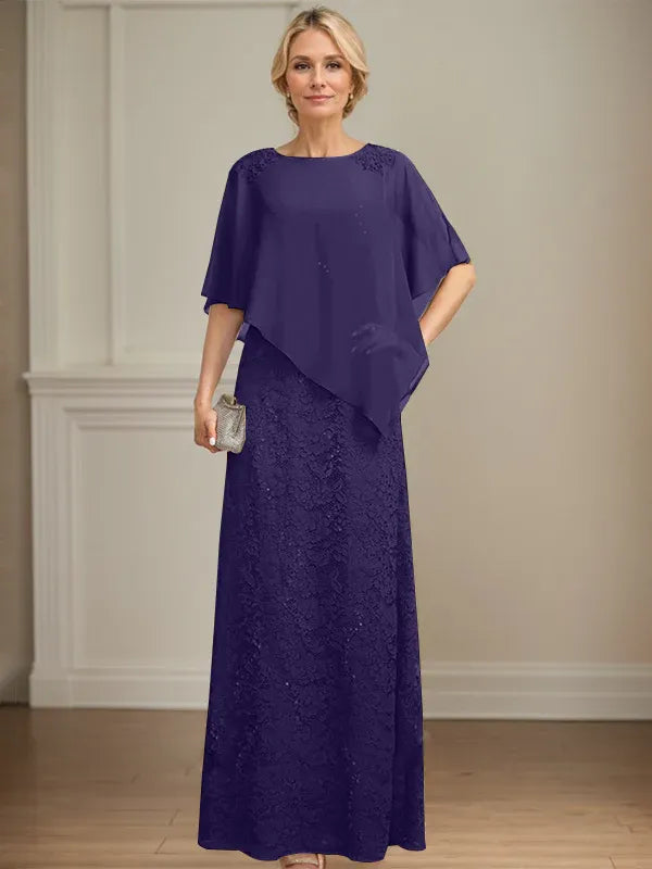 Column Scoop Floor-Length Chiffon Lace Mother of the Bride Dress With Sequins Beading
