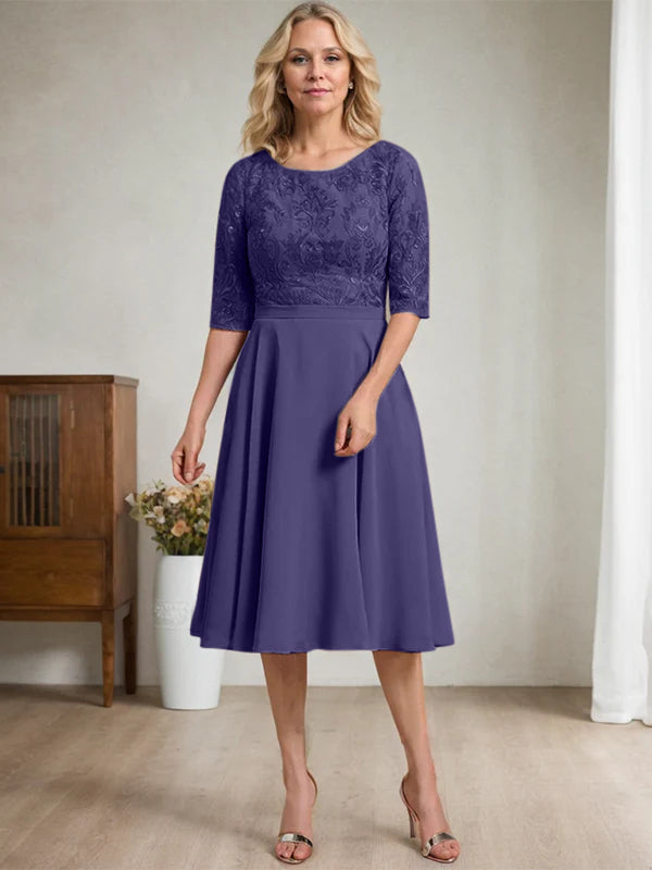 A-line Scoop Knee-Length Lace Chiffon Mother of the Bride Dress