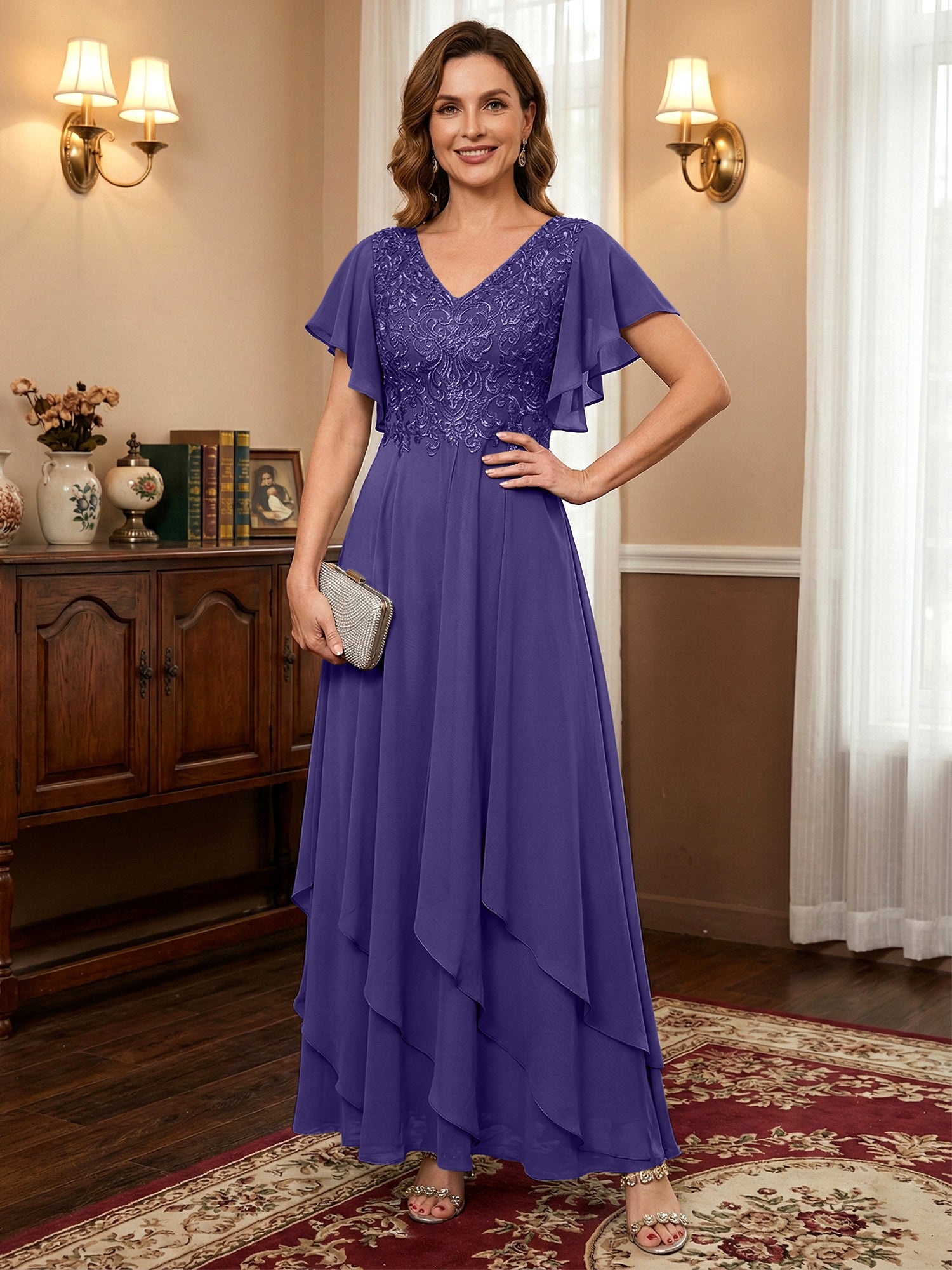 A-line V-Neck Ankle-Length Lace Chiffon Mother of the Bride Dress With Cascading Ruffles