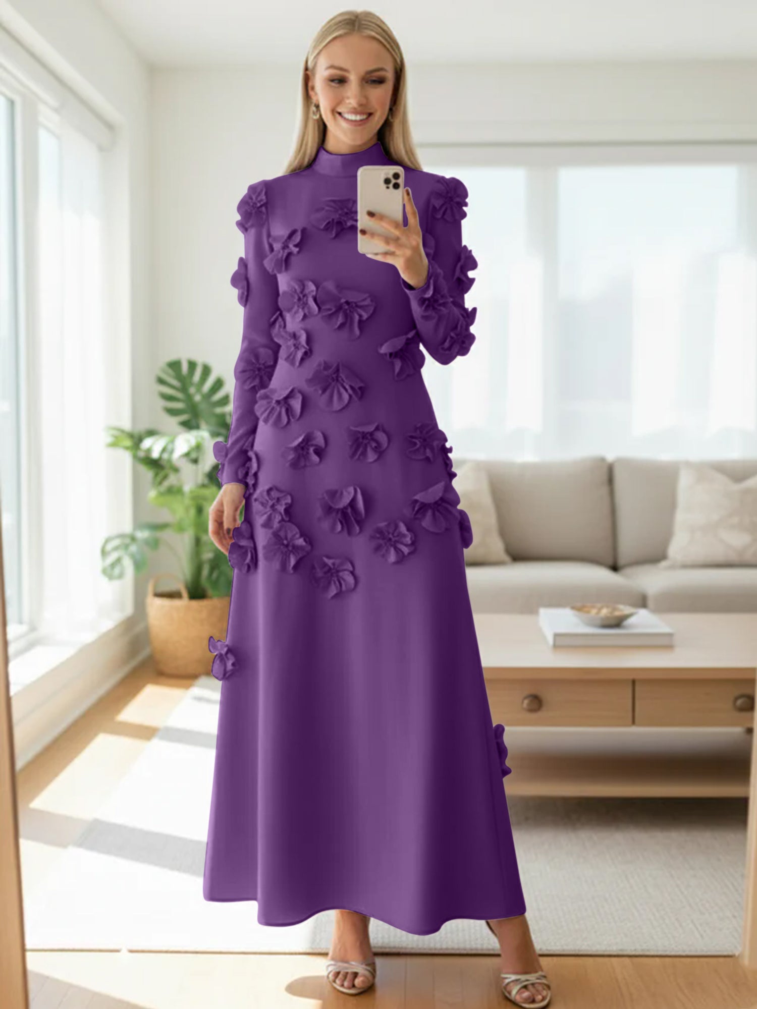 A Line High Neck Long Sleeves Floor Length Stretch Crepe Dress With 3D Flowers