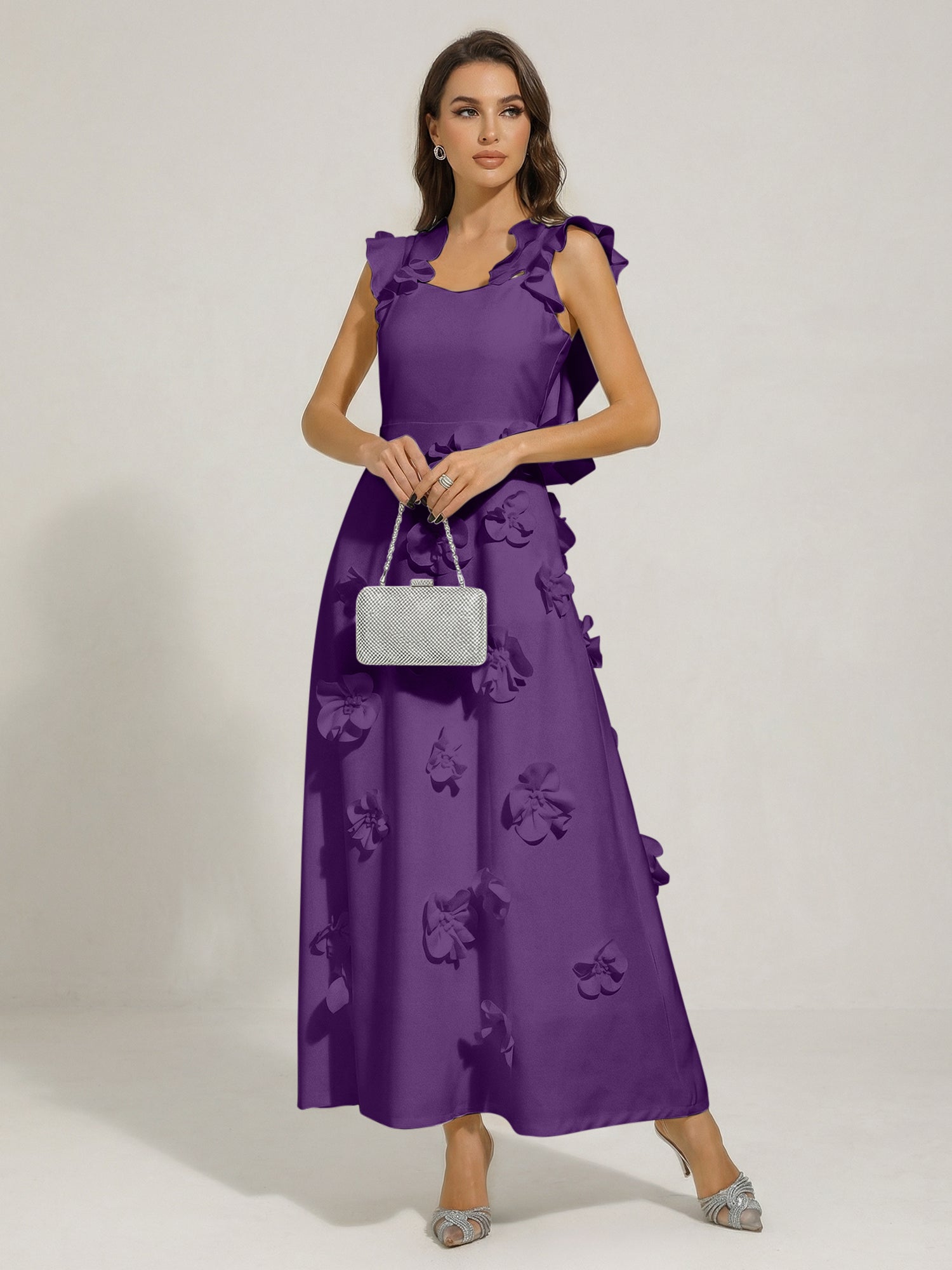 Chic White 3D Flowers A-Line Floor Length Stretch Crepe Dress with Pockets Maxi Dress