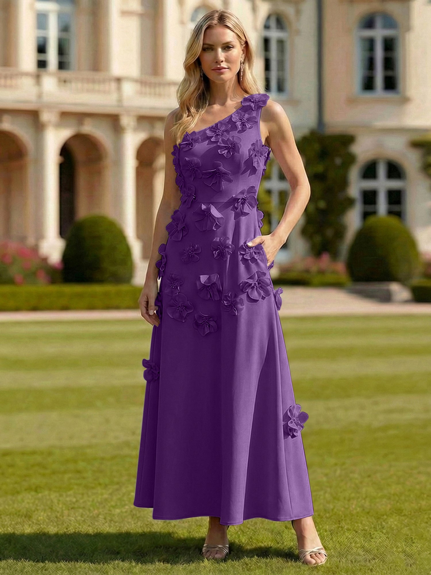A Line One Shoulder Sleeveless Floor Length Stretch Crepe Dress With 3D Flowers