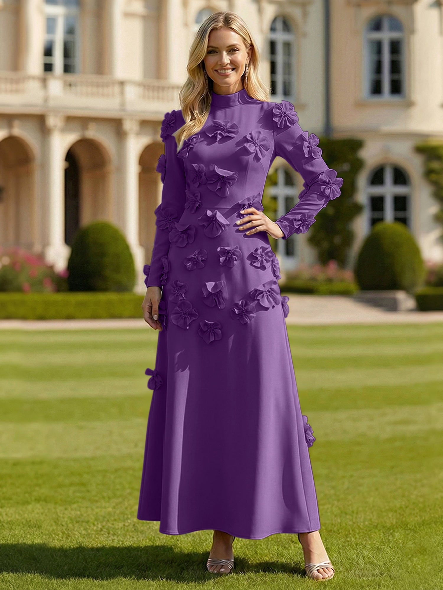 A Line High Neck Long Sleeves Stretch Crepe Dress With 3D Flowers