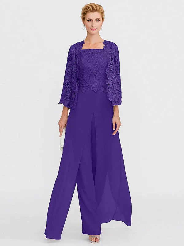 Ensemble 3 pièces en mousseline de soie avec col carré et veste pour mère de la mariée 