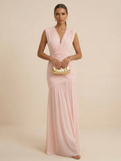 Pink Regular Straps V Neck Chiffon Pleat Mermaid Maxi Dress