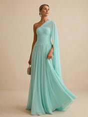 Mint Green One Shoulder Chiffon Pleat A Line Maxi Dress with Cape