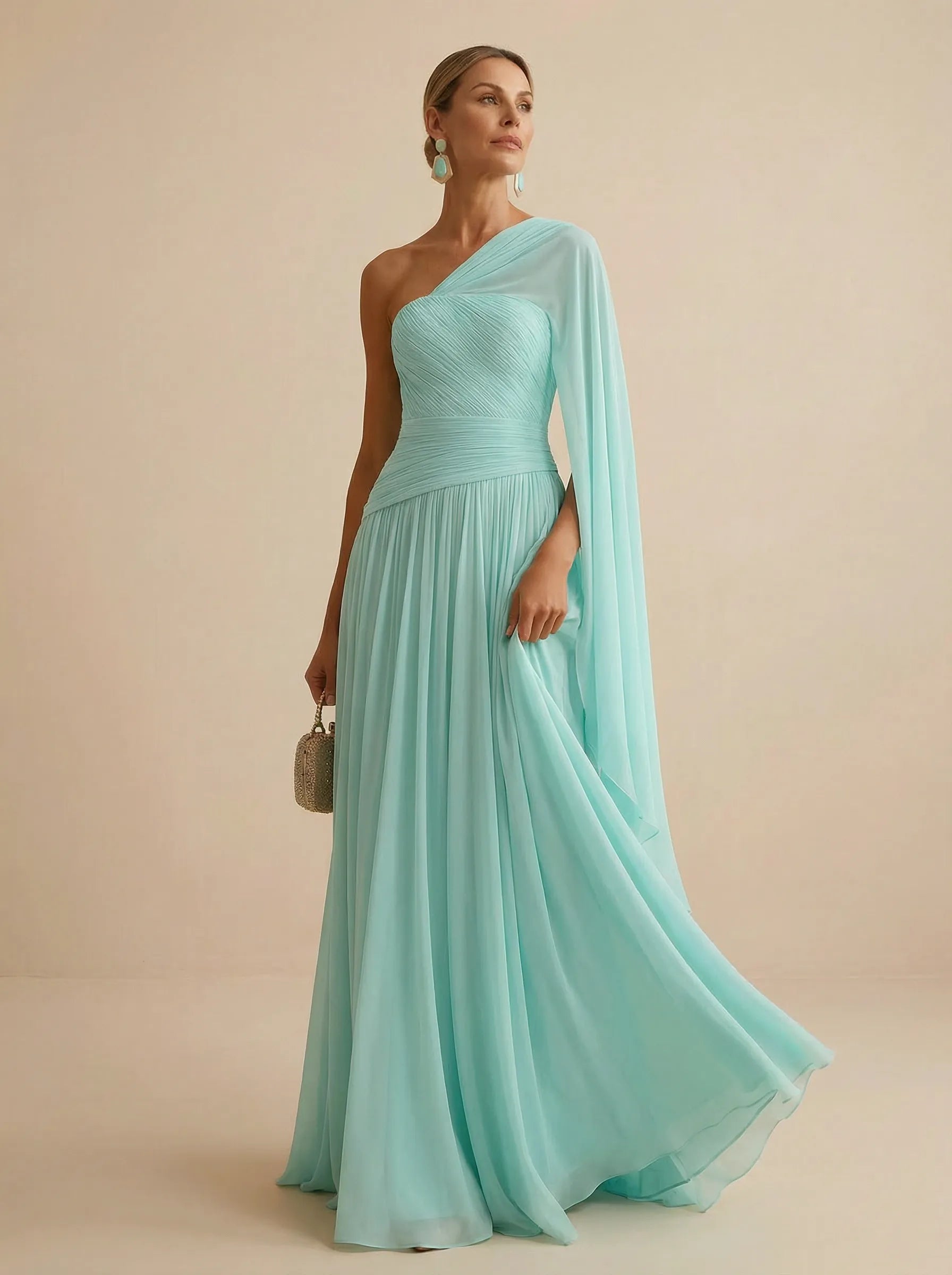 Mint Green One Shoulder Chiffon Pleat A Line Maxi Dress with Cape