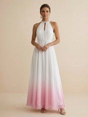 White to Pink Ombre Halter Chiffon Maxi Dress