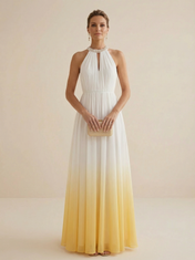 White to Yellow Ombre Halter Chiffon Maxi Dress