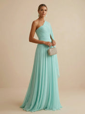 Mint Green One Shoulder Chiffon Pleat A Line Maxi Dress with Cape