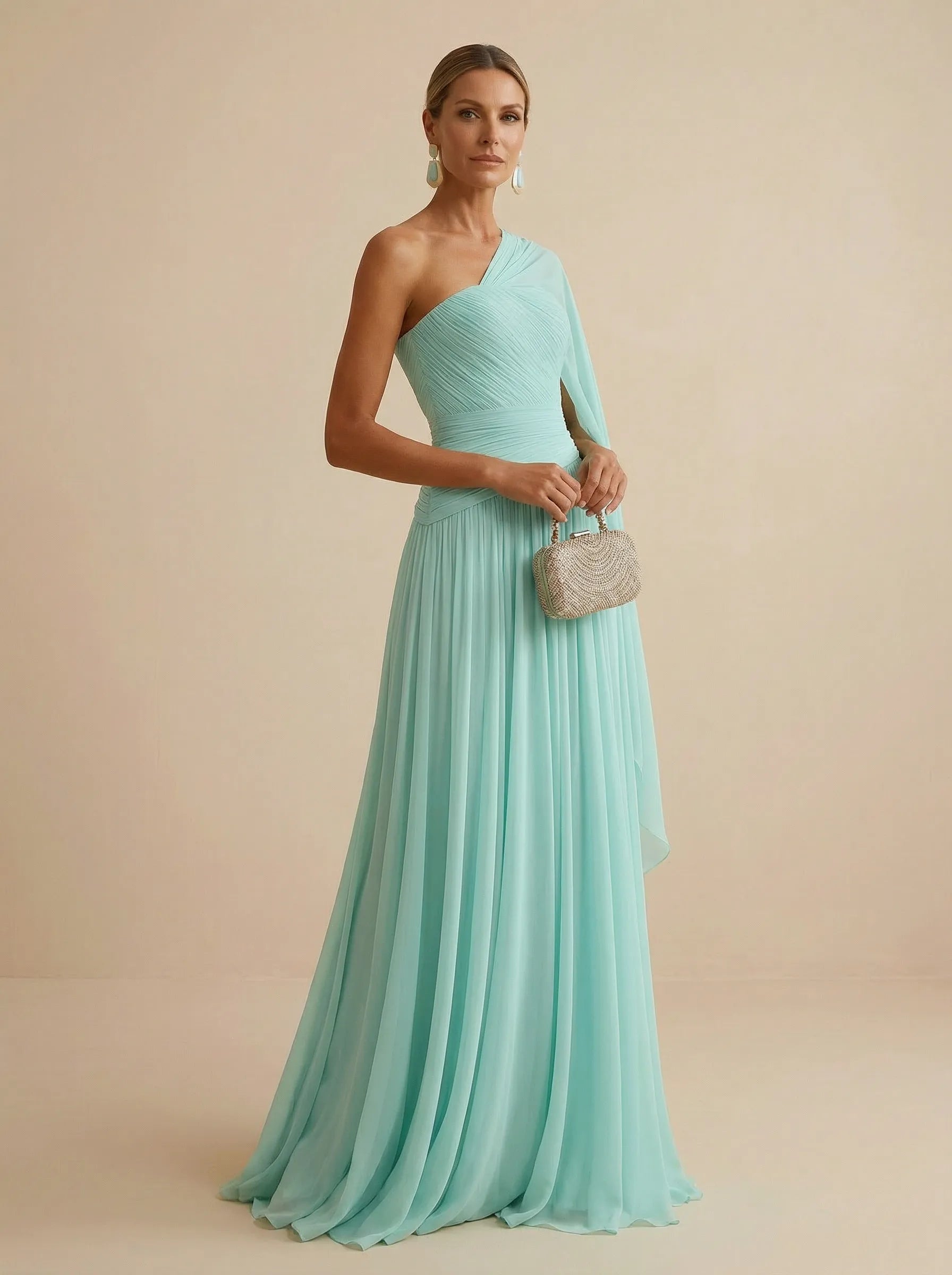 Mint Green One Shoulder Chiffon Pleat A Line Maxi Dress with Cape