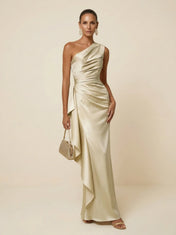 Light Champagne One Shoulder Satin Mermaid Maxi Dress with Ruffle