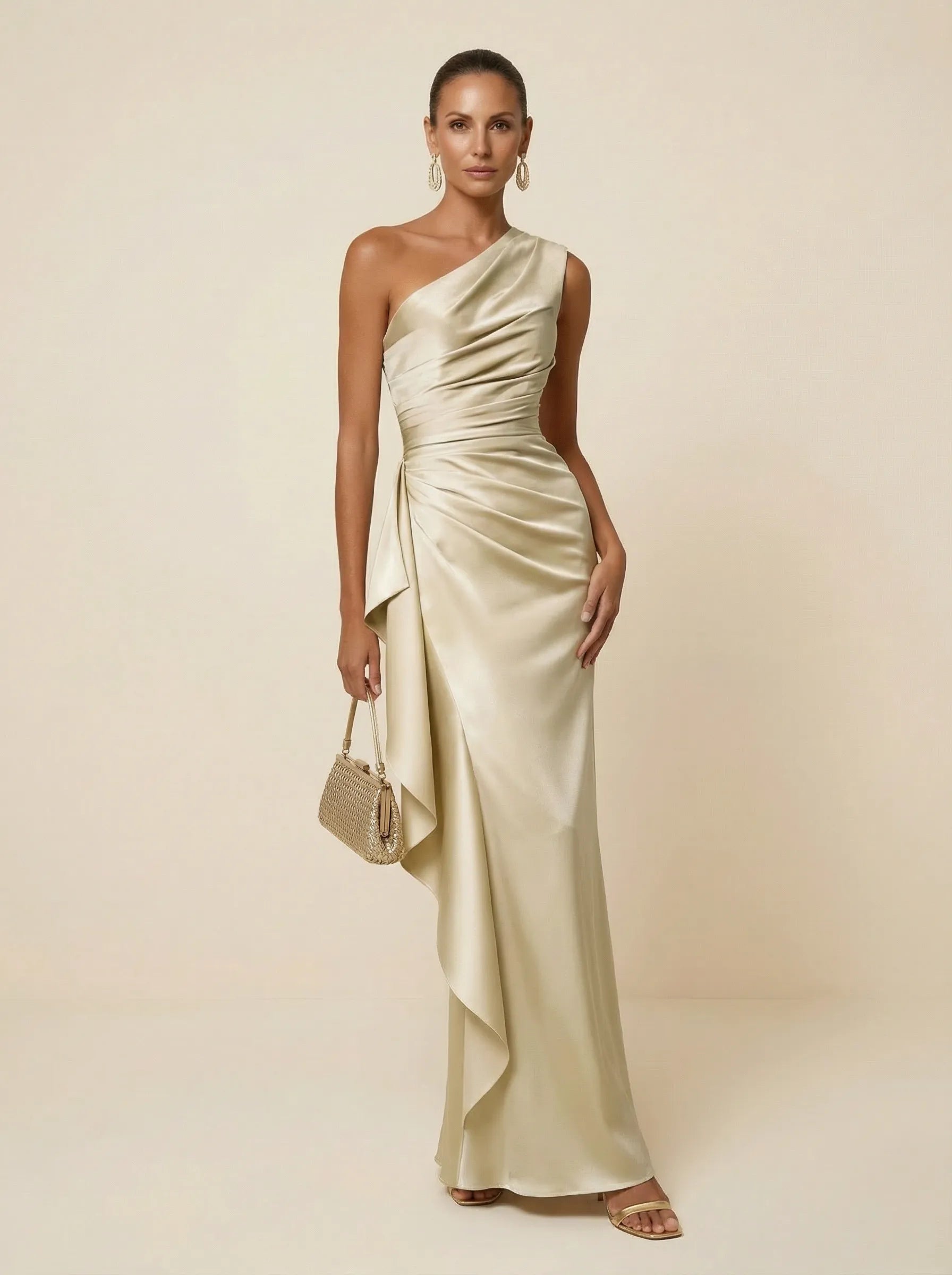 Light Champagne One Shoulder Satin Mermaid Maxi Dress with Ruffle