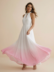 White to Pink Ombre Halter Chiffon Maxi Dress