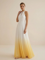 White to Yellow Ombre Halter Chiffon Maxi Dress