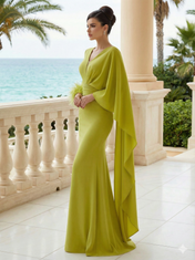Evening Dress Long Sleeves V Neck Ruffle Maxi Dress with Feather