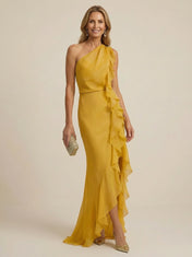 Gold One Shoulder Chiffon Mermaid Maxi Dress with Ruffle
