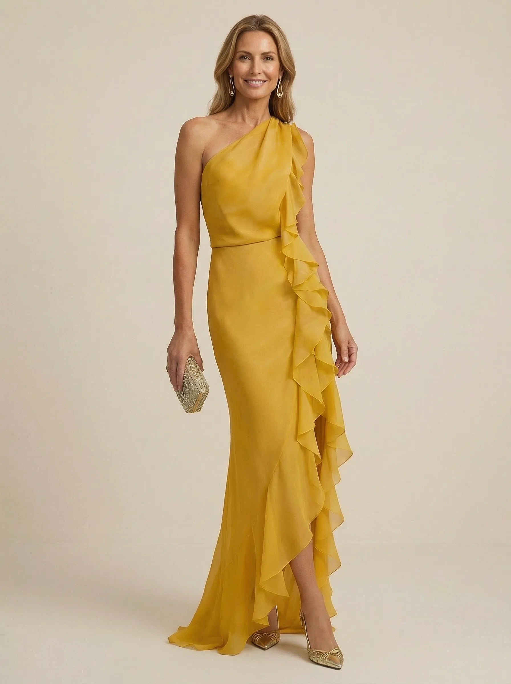 Gold One Shoulder Chiffon Mermaid Maxi Dress with Ruffle
