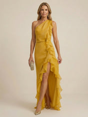 Gold One Shoulder Chiffon Mermaid Maxi Dress with Ruffle