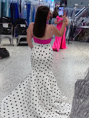 Retro Chic Polka Dot Mermaid Prom Dress with Pink Bow Detail