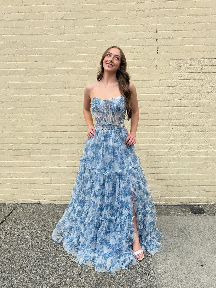Romantic Blue Floral Strapless Tiered Corset Prom Dress