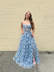 Romantic Blue Floral Strapless Tiered Corset Prom Dress