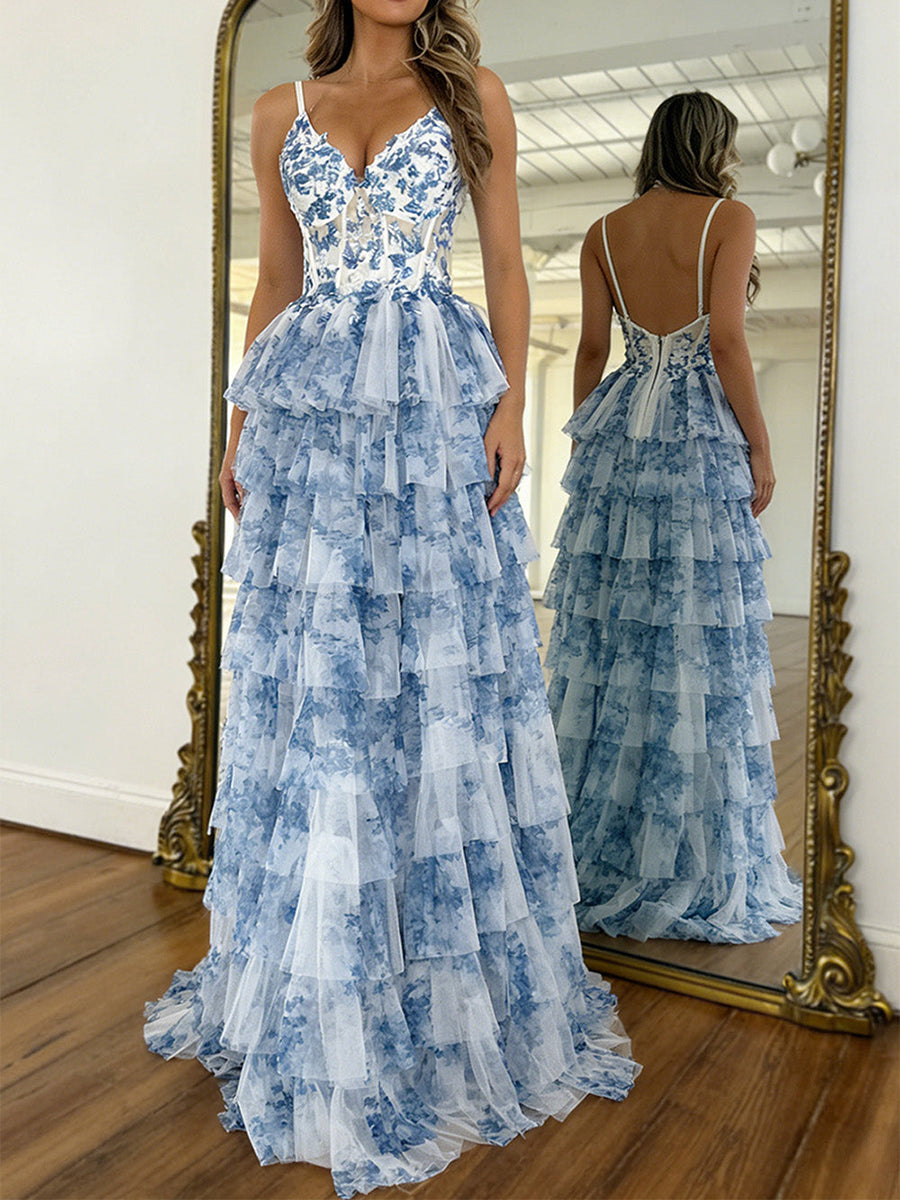 Romantic Blue and White Floral Tiered Corset Prom Dress with Slit