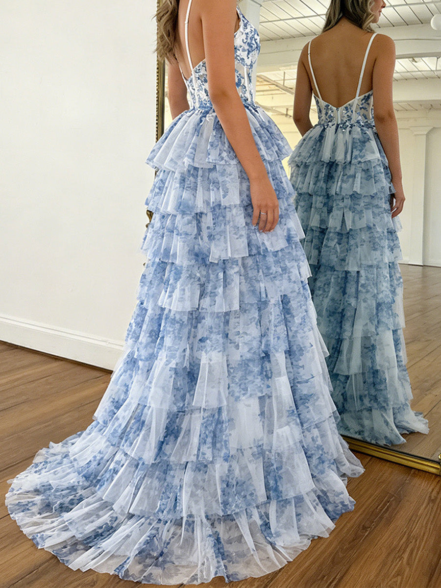 Romantic Blue and White Floral Tiered Corset Prom Dress with Slit