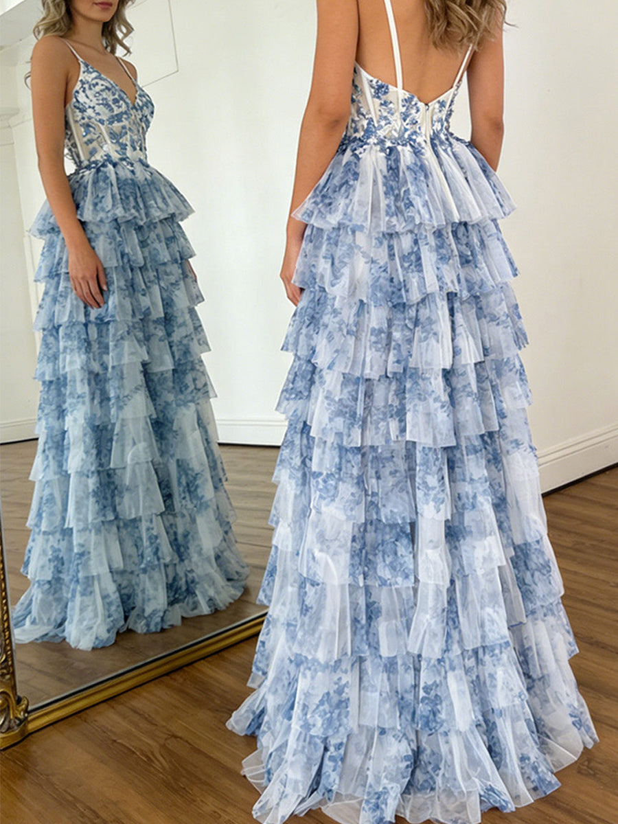 Romantic Blue and White Floral Tiered Corset Prom Dress with Slit