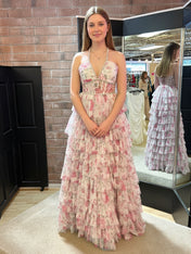Romantic Floral Ruffle Prom Dress with Beaded Halter Corset