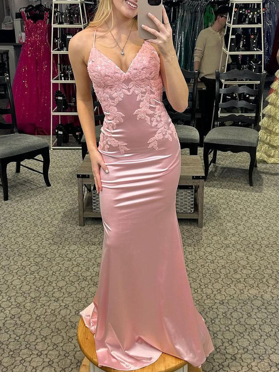 Romantic Light Pink Satin Prom Dress with Floral Lace Appliqués